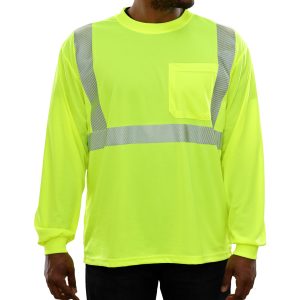 202CTLM Hi-Vis Long Sleeve Lime Birdseye Pocket Safety T-Shirt with 3MTM Comfort Trim