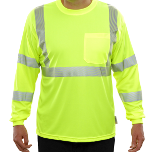 204CTLM Long Sleeve Lime Birdseye Pocket Hi-Vis Safety T-Shirt with 3MTM Comfort Trim